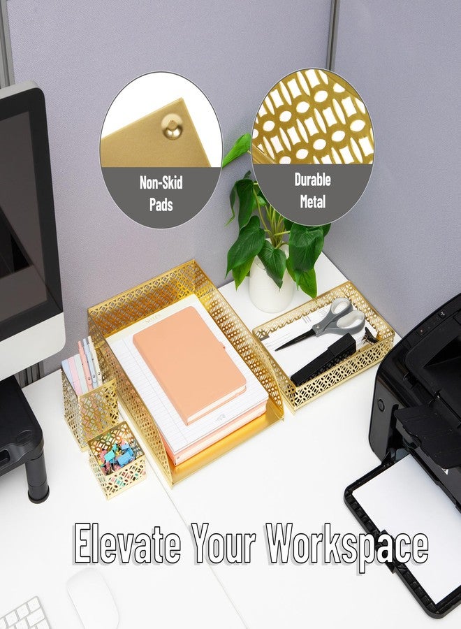 Mind Reader Gold Desk Organizer Set, Includes Pen Cup, Catchall Tray, File Box & Paper Tray, 4-Piece Metal Desktop Accessory Kit - Image 4