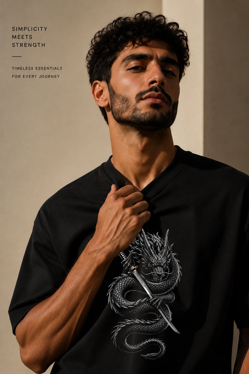 Men's Oversized Black Dragon Graphic T-Shirt Casual Short Sleeve Crew Neck Streetwear Tee - Image 5