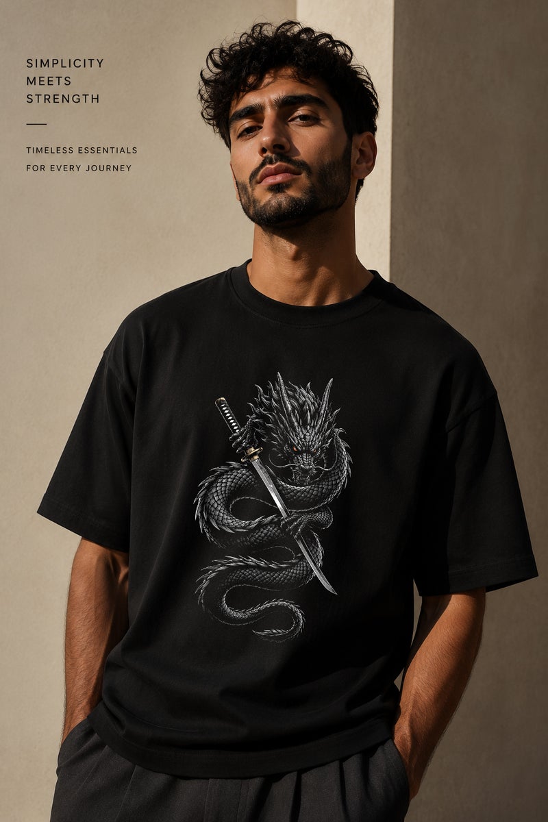 Men's Oversized Black Dragon Graphic T-Shirt Casual Short Sleeve Crew Neck Streetwear Tee - Image 1