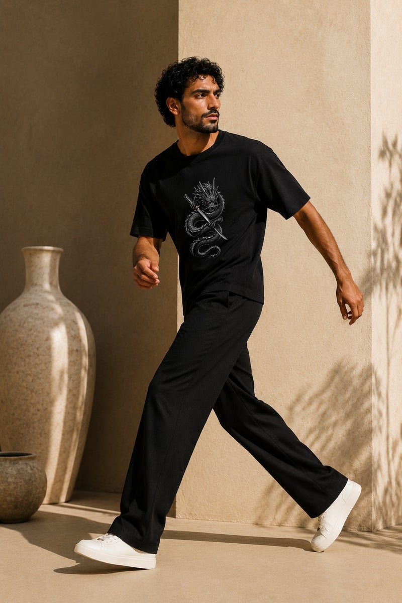 Men's Oversized Black Dragon Graphic T-Shirt Casual Short Sleeve Crew Neck Streetwear Tee - Image 3