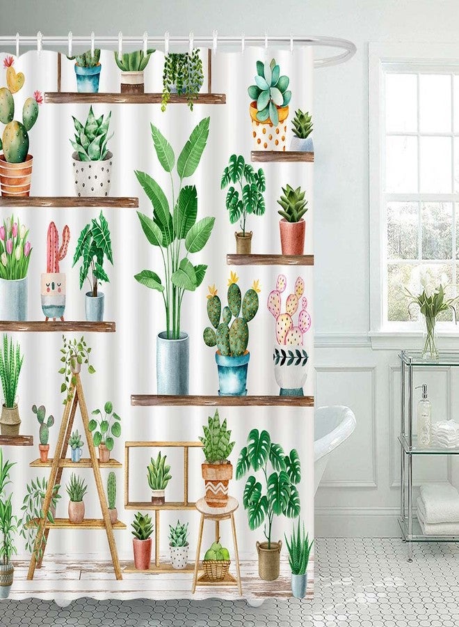 Juirnost ستارة حمام بتصميم ريفي من Juirnost Green Plant، ستارة حمام بوهيمية مزينة بنباتات مزروعة في أصص، ديكور لحوض الاستحمام بنباتات الصبار والعصارة، مزودة بـ 12 خطافًا، مصنوعة من قماش بوليستر مقاوم للماء، مقاس 72 بوصة × 72 بوصة. - Image 2