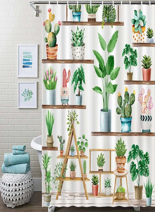 Juirnost ستارة حمام بتصميم ريفي من Juirnost Green Plant، ستارة حمام بوهيمية مزينة بنباتات مزروعة في أصص، ديكور لحوض الاستحمام بنباتات الصبار والعصارة، مزودة بـ 12 خطافًا، مصنوعة من قماش بوليستر مقاوم للماء، مقاس 72 بوصة × 72 بوصة. - Image 5