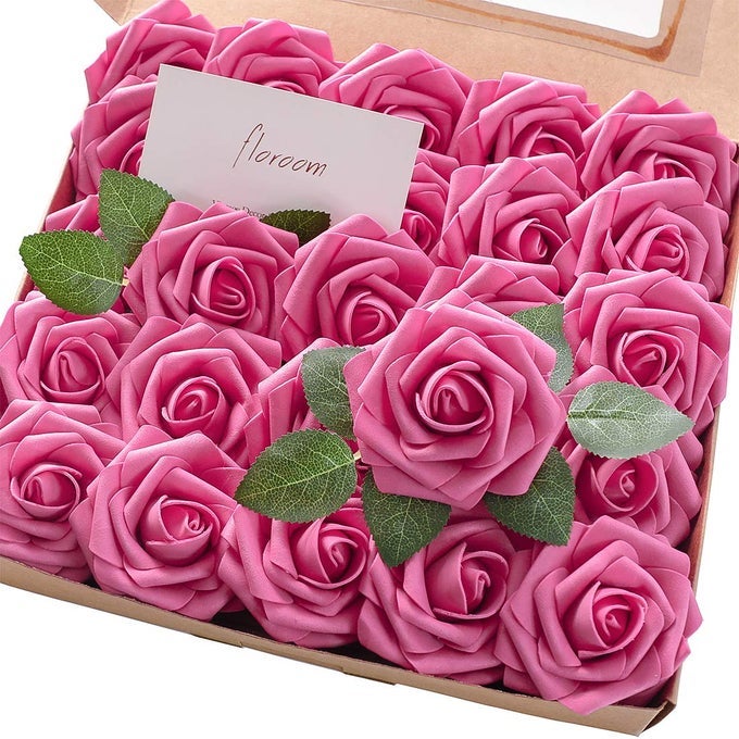 ARTIFICIAL FLOWERS 25PCS REAL LOOKING HOT PINK FOAM FAKE ROSES WITH STEMS FOR DIY WEDDING BOUQUETS BRIDAL SHOWER CENTERPIECES FLORAL ARRANGEMENTS PARTY TABLES HOME DECORATIONS
