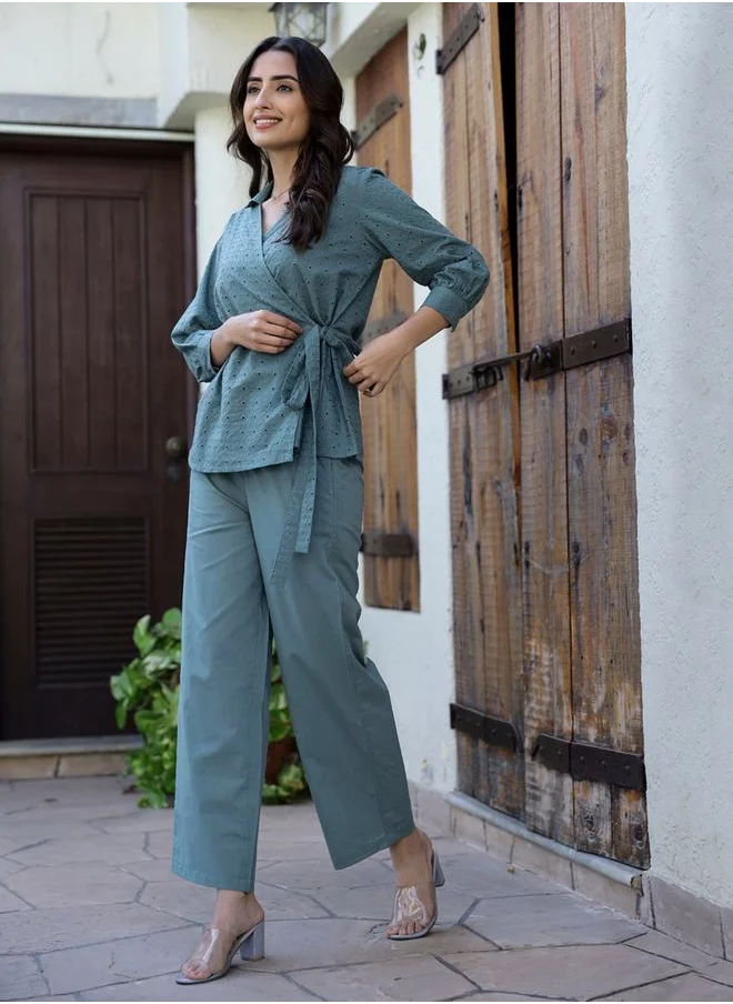 سانسكريتي هومز Textured Collared Wrap Top & Straight Leg Pants Co-Ord by Styli
