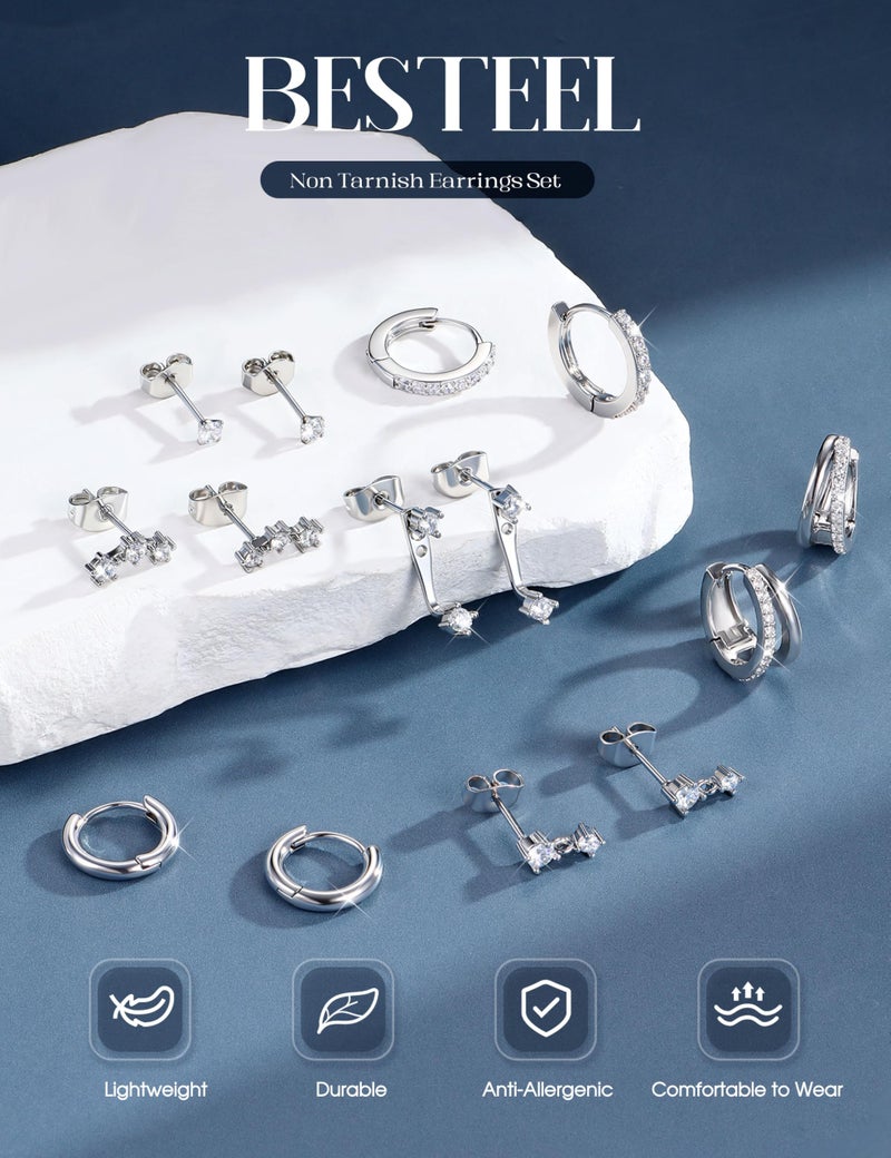 BESTEEL 7Pairs Hypoallergenic Silver Earrings for Women Trendy Small Stud Huggie Hoop Earing Stacks Set Cute Surgical Steel Cartilage Helix Jewelry for Sensitive Ears Dainty Christmas Earrings Gifts - Image 5