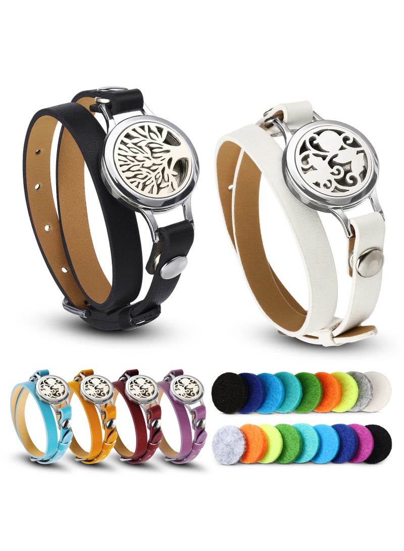 Zikra 2 Pcs Essential Oil Diffuser Bracelet Aromatherapy Locket with 6 Replacement Leather Bands and 18 Pcs Random Color Washable Refill Pads Gift for Women Men Friends - Image 1