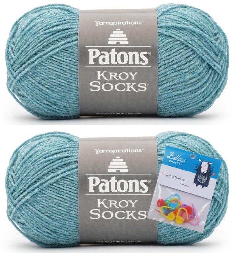 Bella's Crafts Patons Kroy Socks Yarn 2Pack Bundle with Bellas Crafts Stitch Markers Saltwater