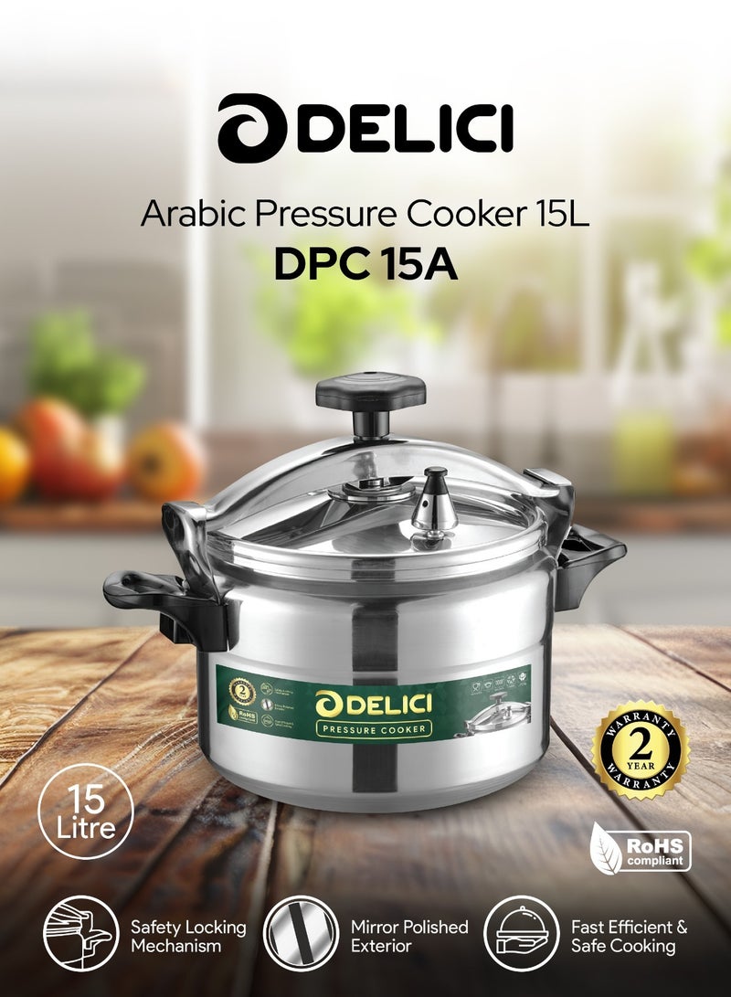 ديليتشي قدر ضغط من الألومنيوم سعة 15 لترًا - هيكل وغطاء متينان للغاية، طهي سريع وآمن، قاعدة قوية مقاومة للحرارة، قفل أمان، حشية طويلة الأمد، معتمد من ISI - DPC 15A، ضمان لمدة عامين - Image 2