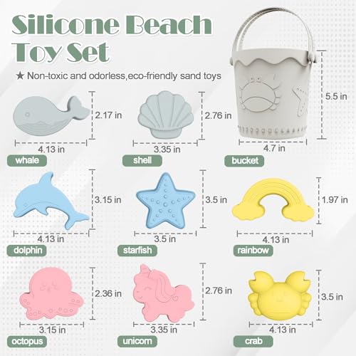 TGIQROVE 21Pcs Baby Beach Toys Silicone Beach Toys Baby Beach Essentials Travel Friendly Beach Set 2 Bucket 2 Shovel 16 Sand Molds Beach Bag Sand Toys for Toddlers 13 - Image 5