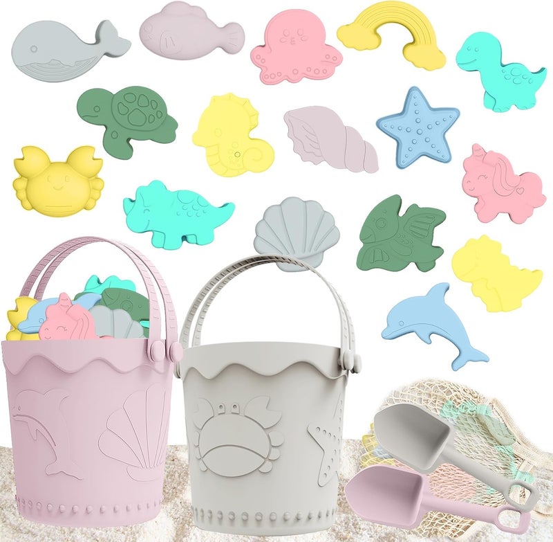 TGIQROVE 21Pcs Baby Beach Toys Silicone Beach Toys Baby Beach Essentials Travel Friendly Beach Set 2 Bucket 2 Shovel 16 Sand Molds Beach Bag Sand Toys for Toddlers 13 - Image 3