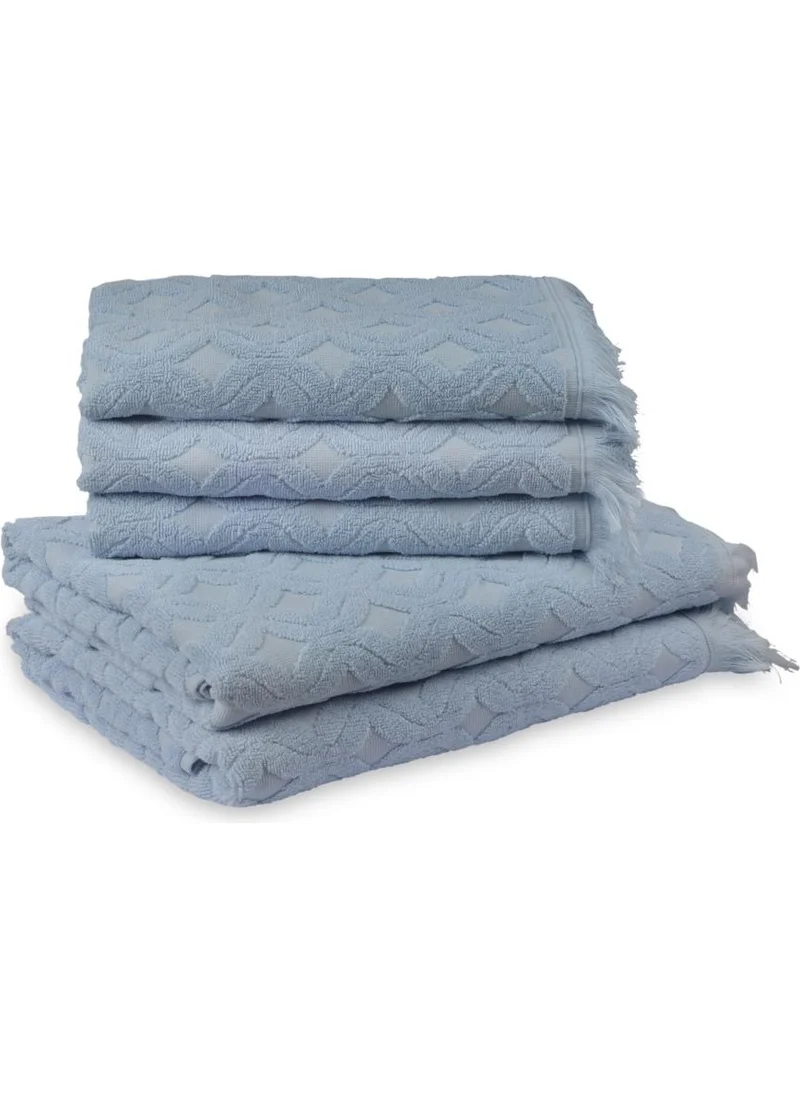 Fialka Jacquard Fringed Cotton Hand and Boy Towel Set Wavy Blue