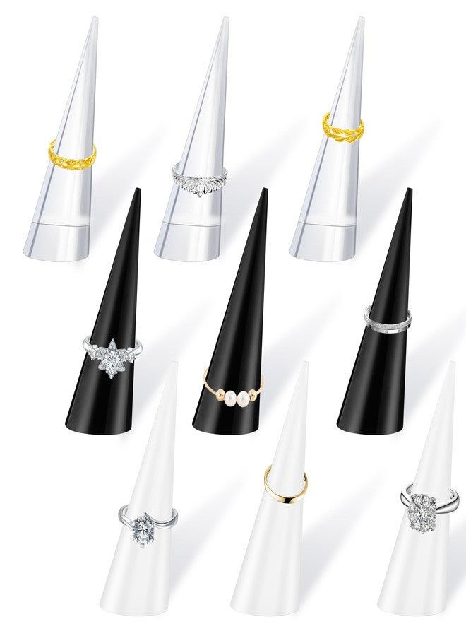 BOSMIOW 9 Pieces Acrylic Crystal Ring Holder,Plastic Jewelry Display Stand,Cone Shape Crystal Ring Displays Showcase Stand,Black,White,Clear - Image 1