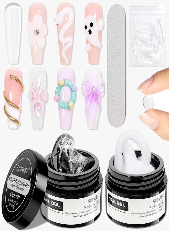 SUPWEE 3D Nail Art Gel Clear and White Solid Builder Gel for Nails Non-Stick Hand Sculpture Hard Gel with Dual Form for Carving Patterns Decoration Nail Art Home Manicure DIY for Women - Image 1