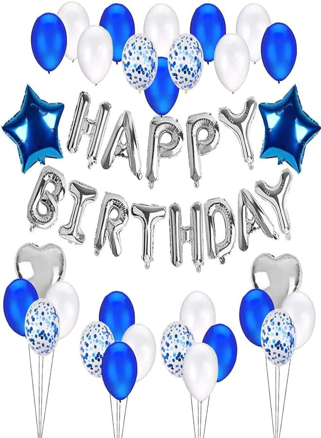 Secret Blue Silver Happy Birthday Decorations Set with Happy Birthday Balloons Banner Star Foil Balloons Heart Foil Balloons Latex BalloonsConfetti Balloons for Baby Boy Shark Birthday Party Supplies