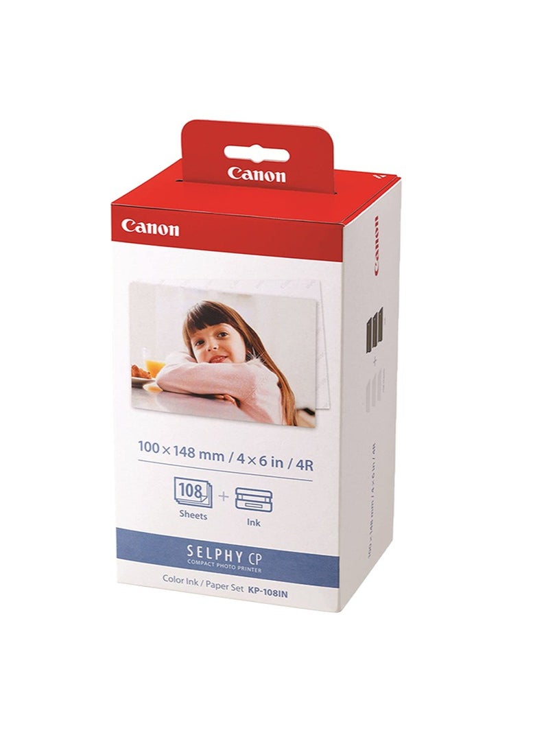 Canon Canon KP-108IN Color Ink Paper Set for Canon Selphy CP910/CP810 Photo Printer, 108 Sheets, White  - Image 1