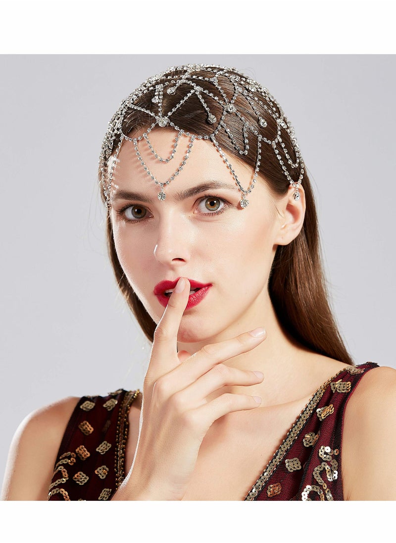 Excefore - Flapper Headband Rhinestone Elastic 20s Bridal Headpiece Great Gatsby Accessory with Rhinestones Chain for 1920s Themed Wedding Costume - Image 1