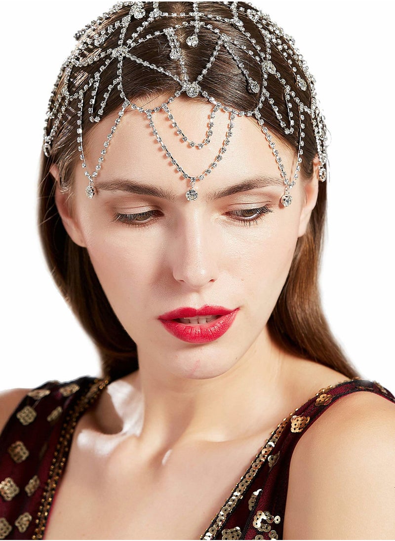 Excefore - Flapper Headband Rhinestone Elastic 20s Bridal Headpiece Great Gatsby Accessory with Rhinestones Chain for 1920s Themed Wedding Costume - Image 1