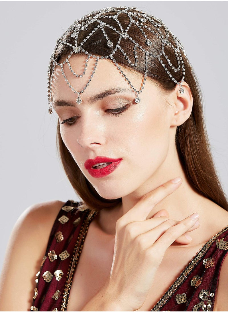 Excefore - Flapper Headband Rhinestone Elastic 20s Bridal Headpiece Great Gatsby Accessory with Rhinestones Chain for 1920s Themed Wedding Costume - Image 1