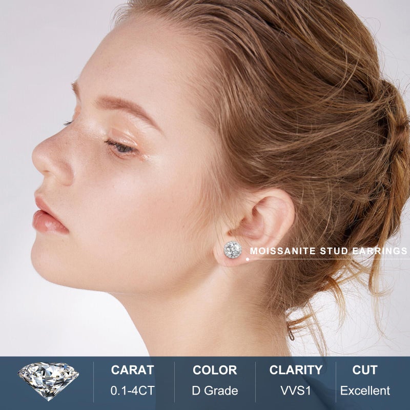 TUHE 0.8 Carats Moissanite Halo Earrings 4.5MM Moissanite Stud Earrings for Women, 18k White Gold Plated 925 Sterling Silver Men Earrings D Color VVS1 Brilliant Cut Push Back - Image 2
