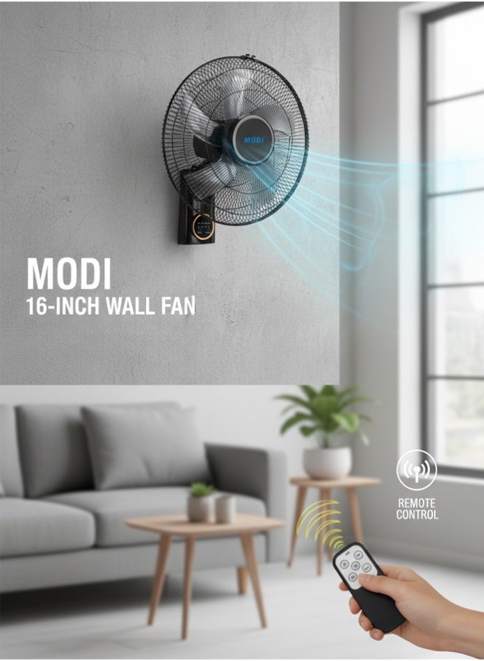 MODI 16-Inch Wall Fan with Remote Control  3-Speed Settings Oscillating Wall Mounted Fan Timer Function Quiet & Energy Efficient for Home, Bedroom & Office ( WITH REMOTE 1 PIECE ) - Image 1