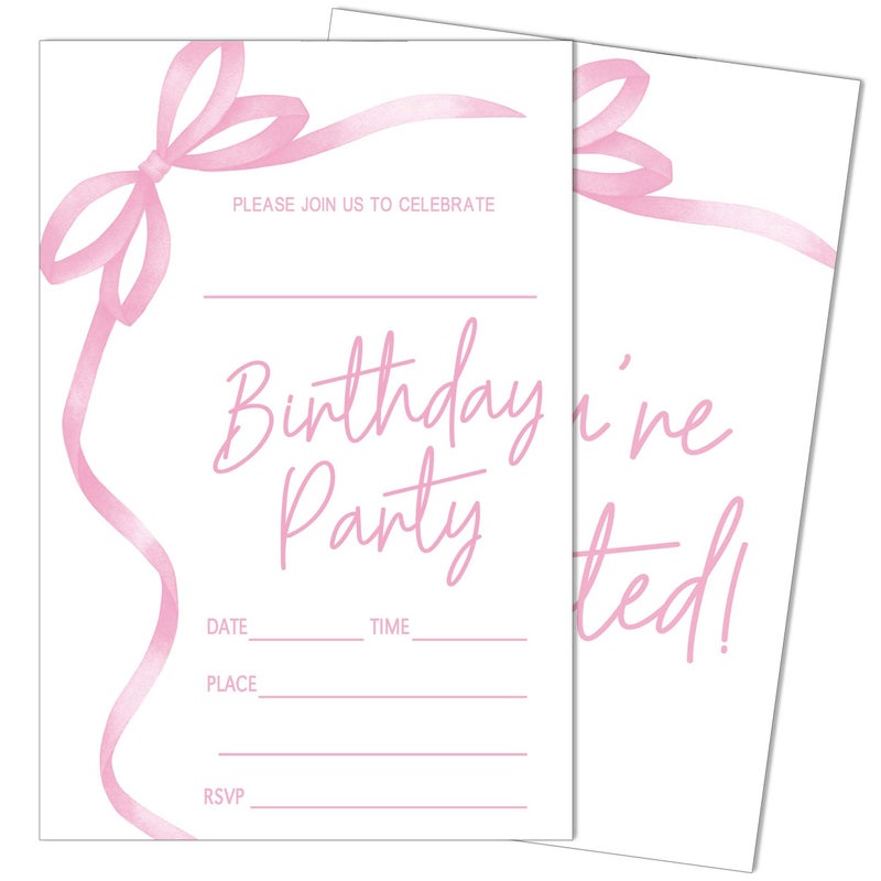 SIXEIGHT Pink Bow Birthday Invitations, Pink Ribbon Bow Birthday Party Invitations, 20 Party Invitations with Envelopes for Girls Boys, Birthday Party Favor & Decoration (4"x6")-A04 - Image 1