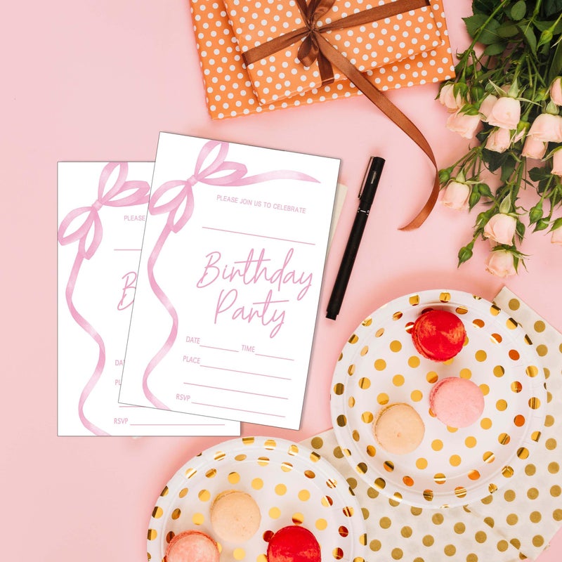 SIXEIGHT Pink Bow Birthday Invitations, Pink Ribbon Bow Birthday Party Invitations, 20 Party Invitations with Envelopes for Girls Boys, Birthday Party Favor & Decoration (4"x6")-A04 - Image 4