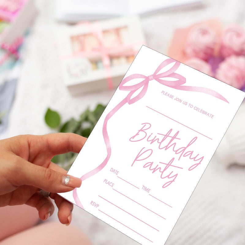SIXEIGHT Pink Bow Birthday Invitations, Pink Ribbon Bow Birthday Party Invitations, 20 Party Invitations with Envelopes for Girls Boys, Birthday Party Favor & Decoration (4"x6")-A04 - Image 3