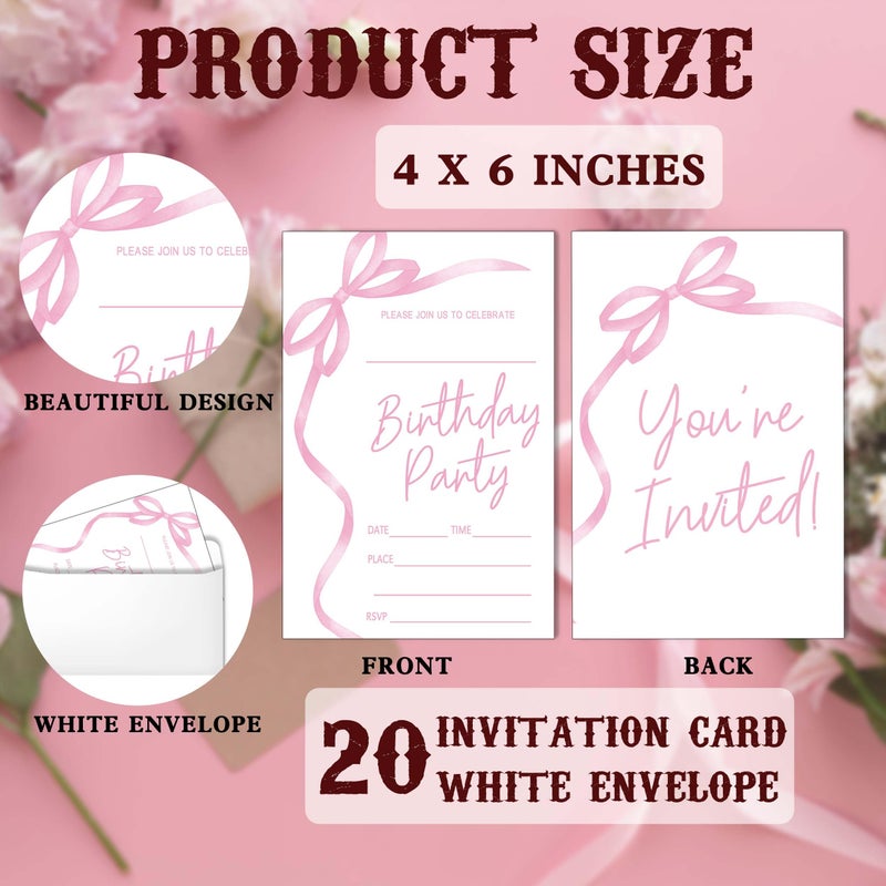 SIXEIGHT Pink Bow Birthday Invitations, Pink Ribbon Bow Birthday Party Invitations, 20 Party Invitations with Envelopes for Girls Boys, Birthday Party Favor & Decoration (4"x6")-A04 - Image 2