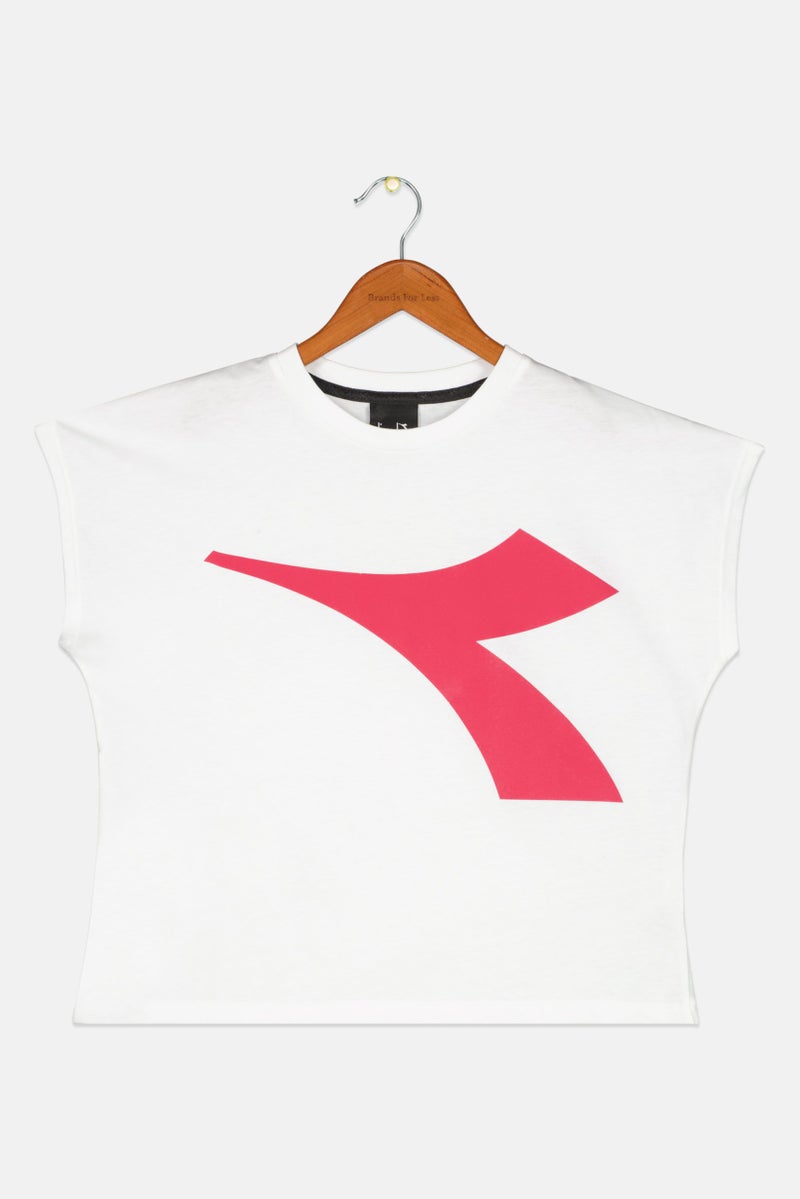 DIADORA Kids Girl Cap Sleeve Brand Logo Top, White/Pink - Image 1