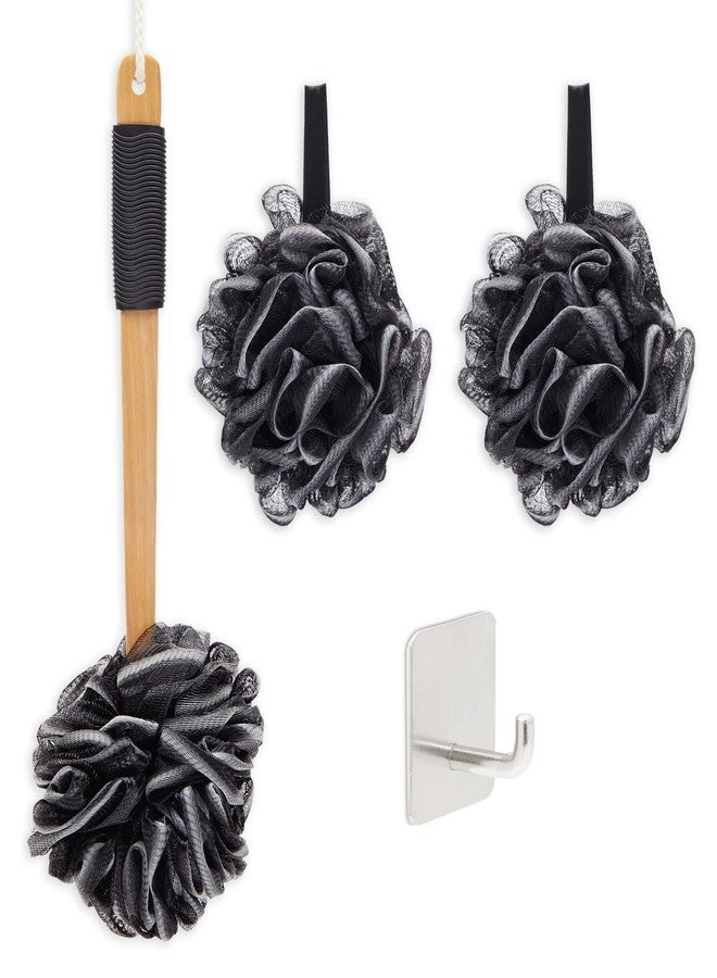 Okuna Outpost Loofah Bath Set with 1 Loofah on A Stick, 2 Sponge Poufs, and 1 Shower Hook - Body Scrubber - Back Scrubber - Image 1