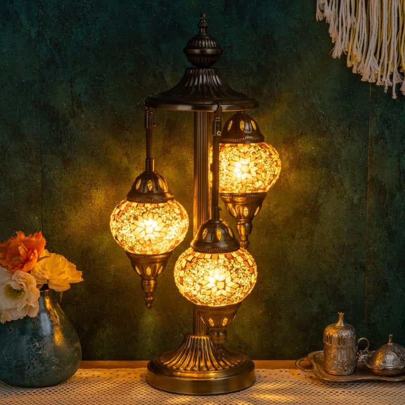 Marrakech Turkish Lamp 3 Globes Moroccan Table Lamp with Bronze Base, 23" Tall Handmade Yellow Tiffany Mosaic Glass Night Light Fixture Including LED Bulb for Living Room Bedroom Decor - Image 1