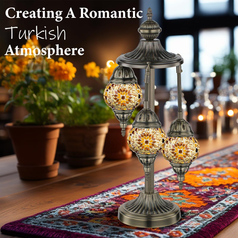 Marrakech Turkish Lamp 3 Globes Moroccan Table Lamp with Bronze Base, 23" Tall Handmade Yellow Tiffany Mosaic Glass Night Light Fixture Including LED Bulb for Living Room Bedroom Decor - Image 2