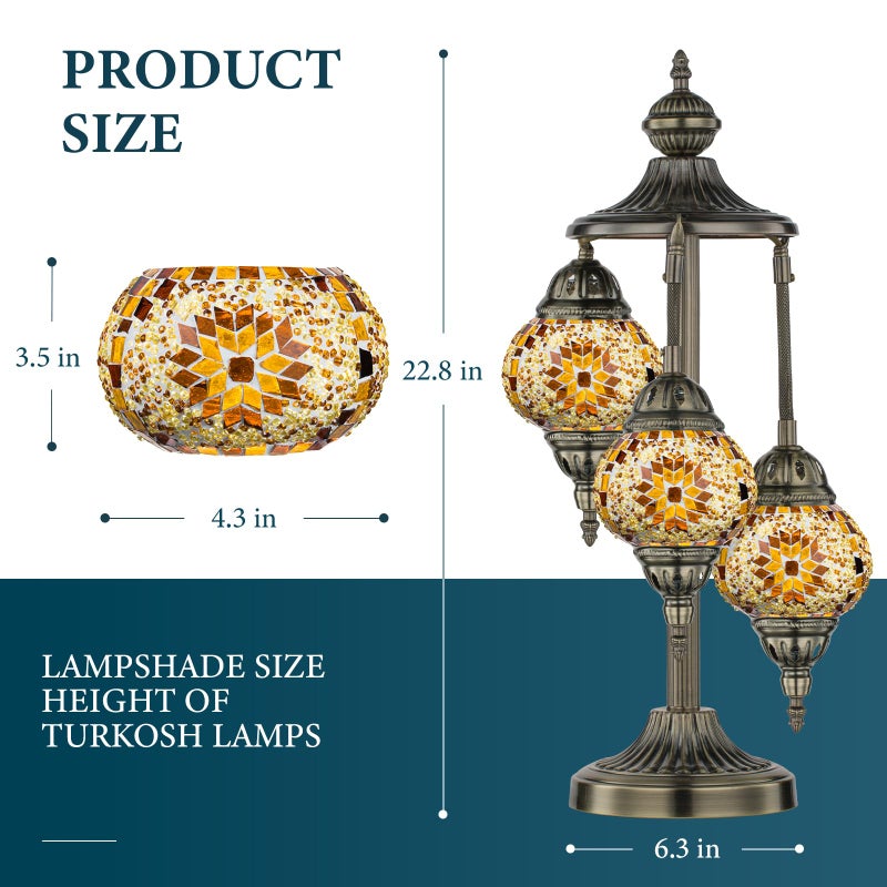Marrakech Turkish Lamp 3 Globes Moroccan Table Lamp with Bronze Base, 23" Tall Handmade Yellow Tiffany Mosaic Glass Night Light Fixture Including LED Bulb for Living Room Bedroom Decor - Image 3