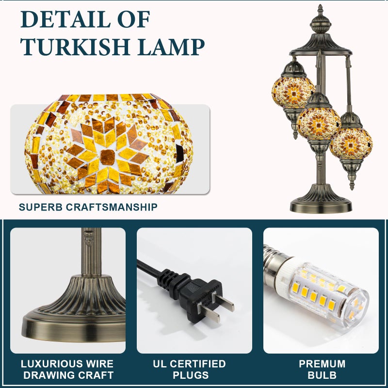 Marrakech Turkish Lamp 3 Globes Moroccan Table Lamp with Bronze Base, 23" Tall Handmade Yellow Tiffany Mosaic Glass Night Light Fixture Including LED Bulb for Living Room Bedroom Decor - Image 4