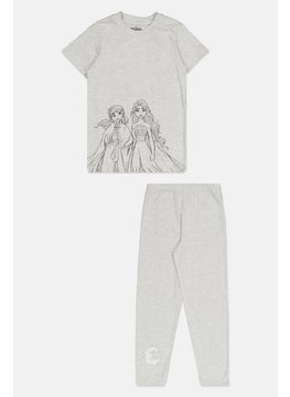 Disney Kids Girl 2 Pieces Frozen Elsa And Anna Pajama Set, Light Grey  - Image 1