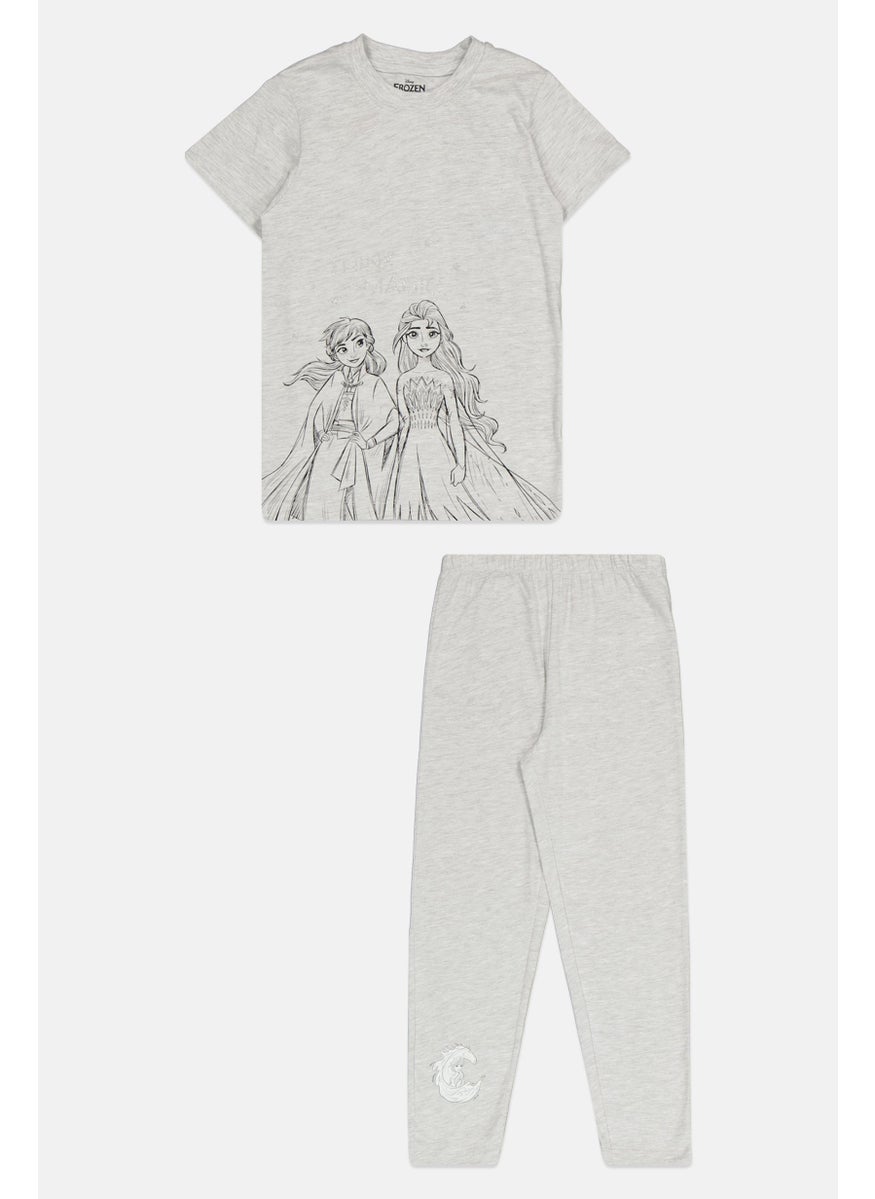 Disney Kids Girl 2 Pieces Frozen Elsa And Anna Pajama Set, Light Grey  - Image 1