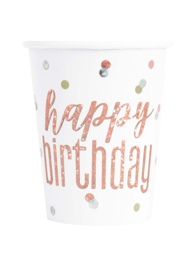 Unique Happy Birthday Disposable Paper Cups White Rose Gold 9cm 8-Pack