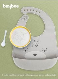 BAYBEE Baybee Baby Silicone Waterproof Bibs for New Born with Pocket & 6 Adjustable Neckline Buttons | Baby Feeding Bib for infants with Reusable, Easy Cleaning Bibs for Boys Girls 6 - 12 months (Grey)  - Image 4