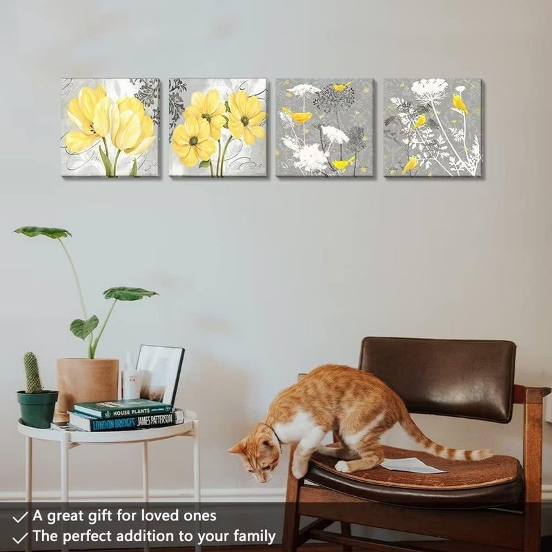 Wall HDQ Yellow Gray Wall Art Canvas Flowers Birds Wall Decor for Living Room Bathroom Abstract Modern Floral Large Posters Print Artwork Framed Hang Pictures for Home Decorations 12''x12'' x4 Panels - Image 5