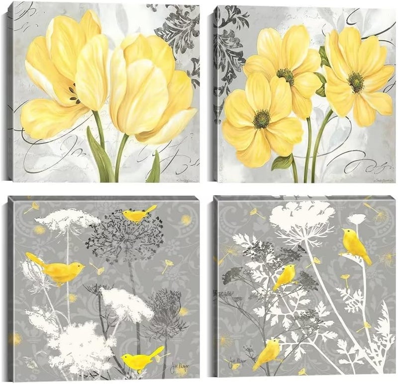 Wall HDQ Yellow Gray Wall Art Canvas Flowers Birds Wall Decor for Living Room Bathroom Abstract Modern Floral Large Posters Print Artwork Framed Hang Pictures for Home Decorations 12''x12'' x4 Panels - Image 1