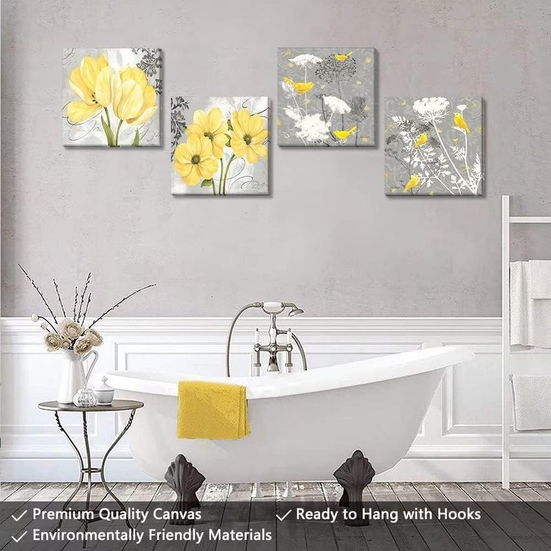 Wall HDQ Yellow Gray Wall Art Canvas Flowers Birds Wall Decor for Living Room Bathroom Abstract Modern Floral Large Posters Print Artwork Framed Hang Pictures for Home Decorations 12''x12'' x4 Panels - Image 4