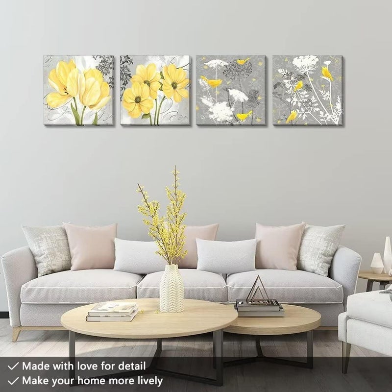 Wall HDQ Yellow Gray Wall Art Canvas Flowers Birds Wall Decor for Living Room Bathroom Abstract Modern Floral Large Posters Print Artwork Framed Hang Pictures for Home Decorations 12''x12'' x4 Panels - Image 3