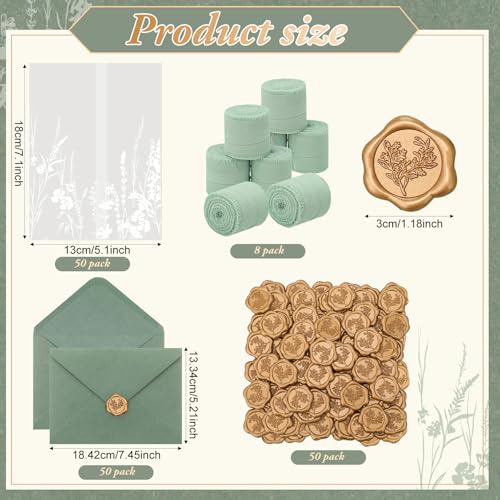 YooNotee 50 Set Wedding Invitation Kit Wedding Vellum Jackets Bulk for 5x7 Sage Green Envelope Liners Gold Wax Seal Stickers Invitation Accessories for Bridal Invite Baby Shower DIY Craft (Wildflowers) - Image 3