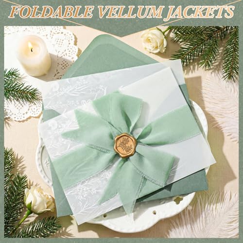 YooNotee 50 Set Wedding Invitation Kit Wedding Vellum Jackets Bulk for 5x7 Sage Green Envelope Liners Gold Wax Seal Stickers Invitation Accessories for Bridal Invite Baby Shower DIY Craft (Wildflowers) - Image 4