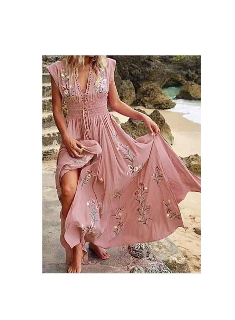 Loquat New Summer Women's V-neck Bohemian Print Dress 