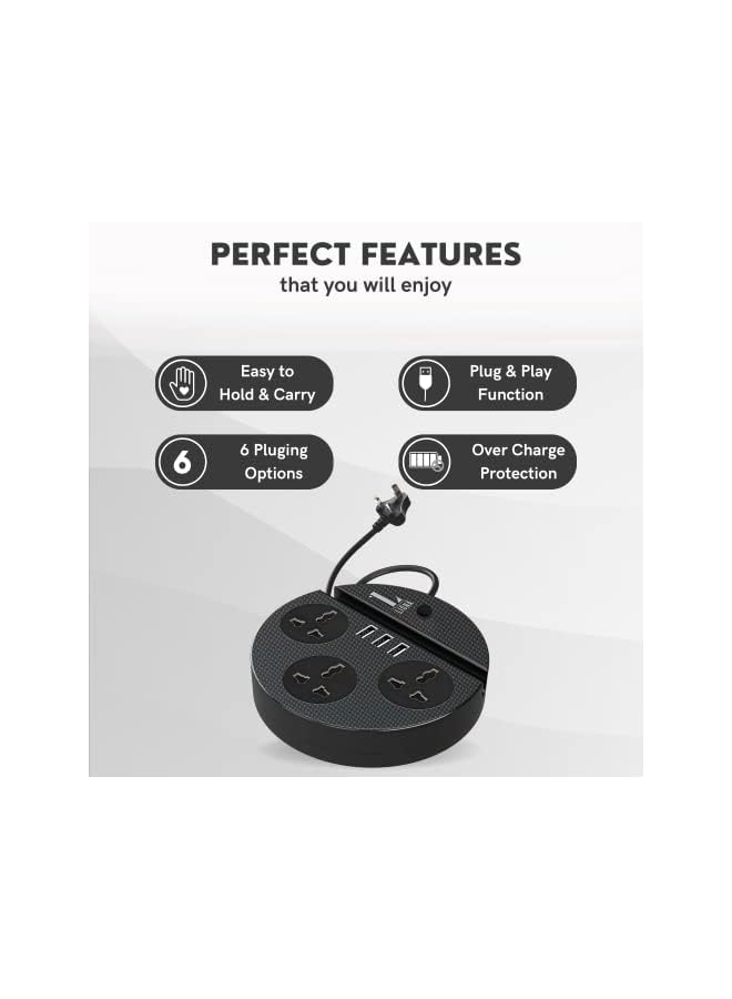 erorex Extension Cord Universal Travel Adapter - 3 Universal AC Outlets, 3 Smart USB Ports, 2500W/10A, 110V/220V/250V, 1.8m Multi Plug Adapter Power Extension - Travel, Office, Home (Black - 5.5x12cm) - Image 2