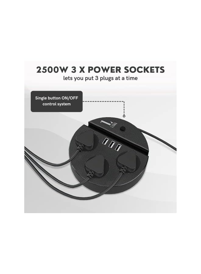 erorex Extension Cord Universal Travel Adapter - 3 Universal AC Outlets, 3 Smart USB Ports, 2500W/10A, 110V/220V/250V, 1.8m Multi Plug Adapter Power Extension - Travel, Office, Home (Black - 5.5x12cm) - Image 3