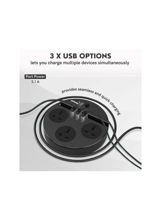 erorex Extension Cord Universal Travel Adapter - 3 Universal AC Outlets, 3 Smart USB Ports, 2500W/10A, 110V/220V/250V, 1.8m Multi Plug Adapter Power Extension - Travel, Office, Home (Black - 5.5x12cm) - Image 4