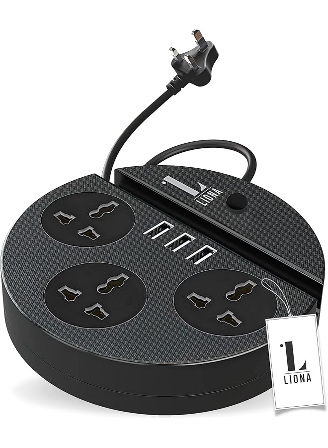erorex Extension Cord Universal Travel Adapter - 3 Universal AC Outlets, 3 Smart USB Ports, 2500W/10A, 110V/220V/250V, 1.8m Multi Plug Adapter Power Extension - Travel, Office, Home (Black - 5.5x12cm) - Image 1