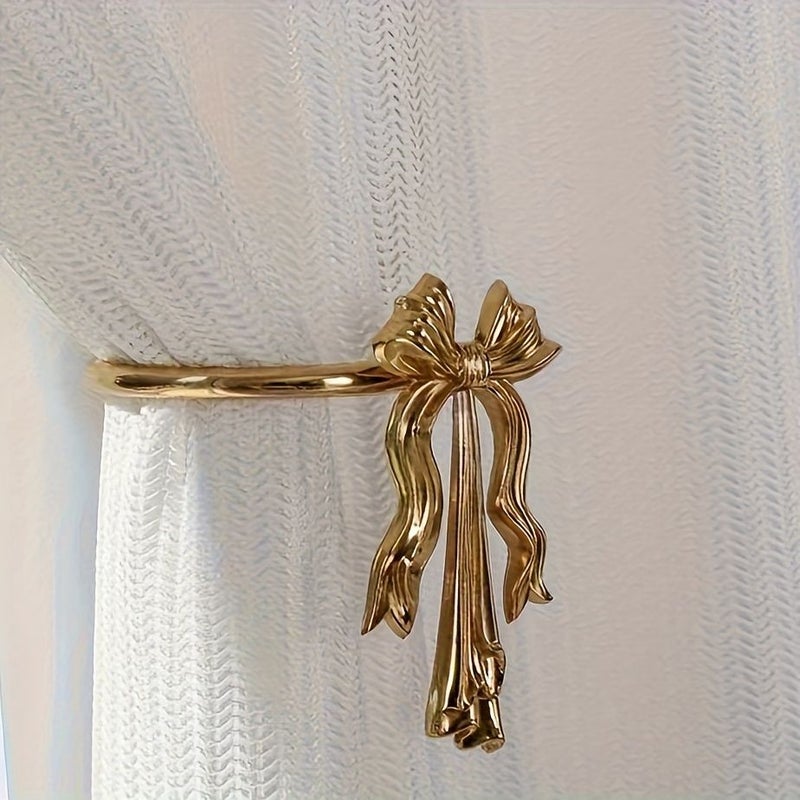 Vintage Brass Light Luxury Bow Curtain Hooks Right Hook French American Bedroom Wall Hooks - Image 1